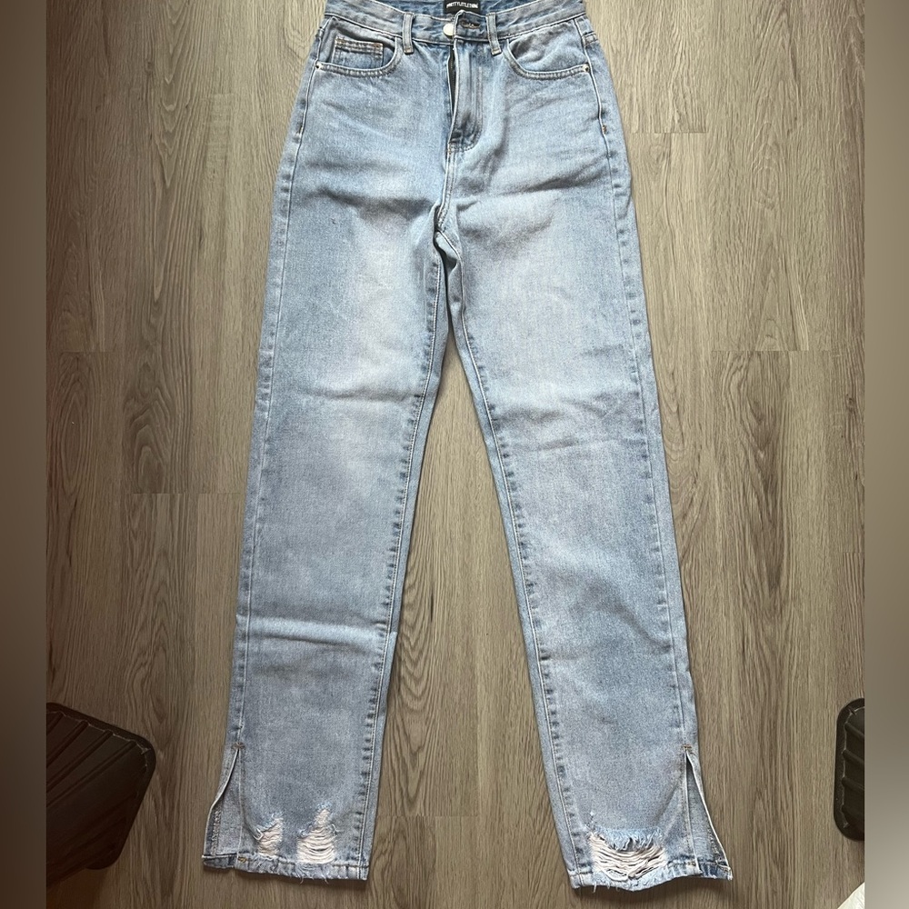 PLT Light Blue Wash Ripped Split Hem Straight Leg Jeans